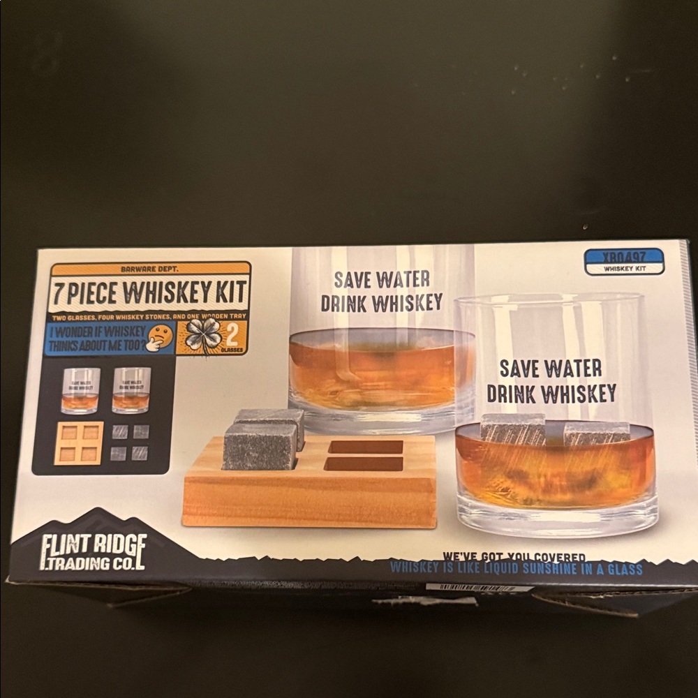 Flint Ridge Trading Co 7-Piece Whiskey Kit 2 glasses, 4 stones, one wooden tray